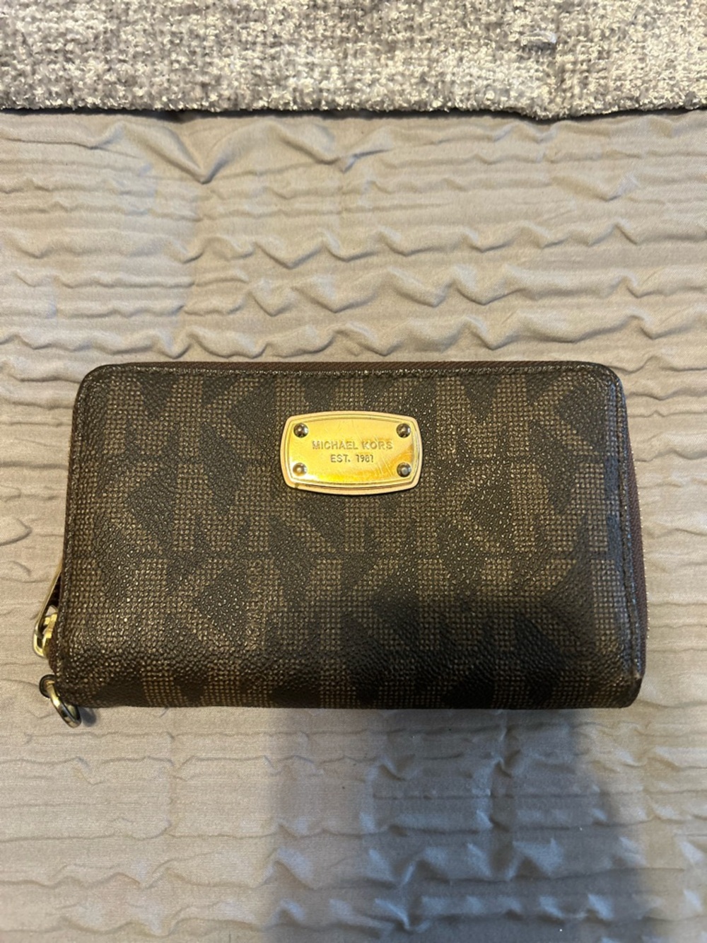 Michael Kors Brown Coated Canvas Zip Wallet with Gold Hardware